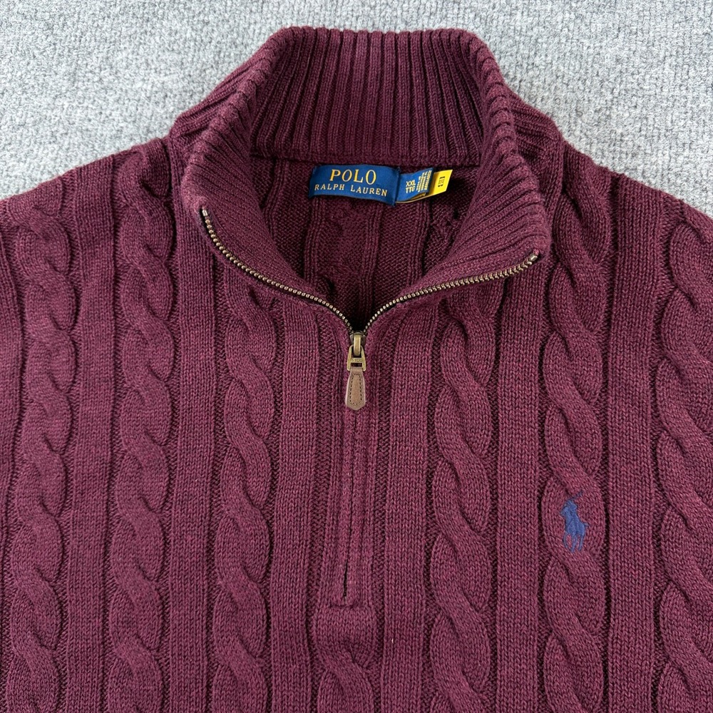 Polo Ralph Lauren 1/4 Zip Pullover Sweater Mens 2XL Burgundy Cable Knit Cotton